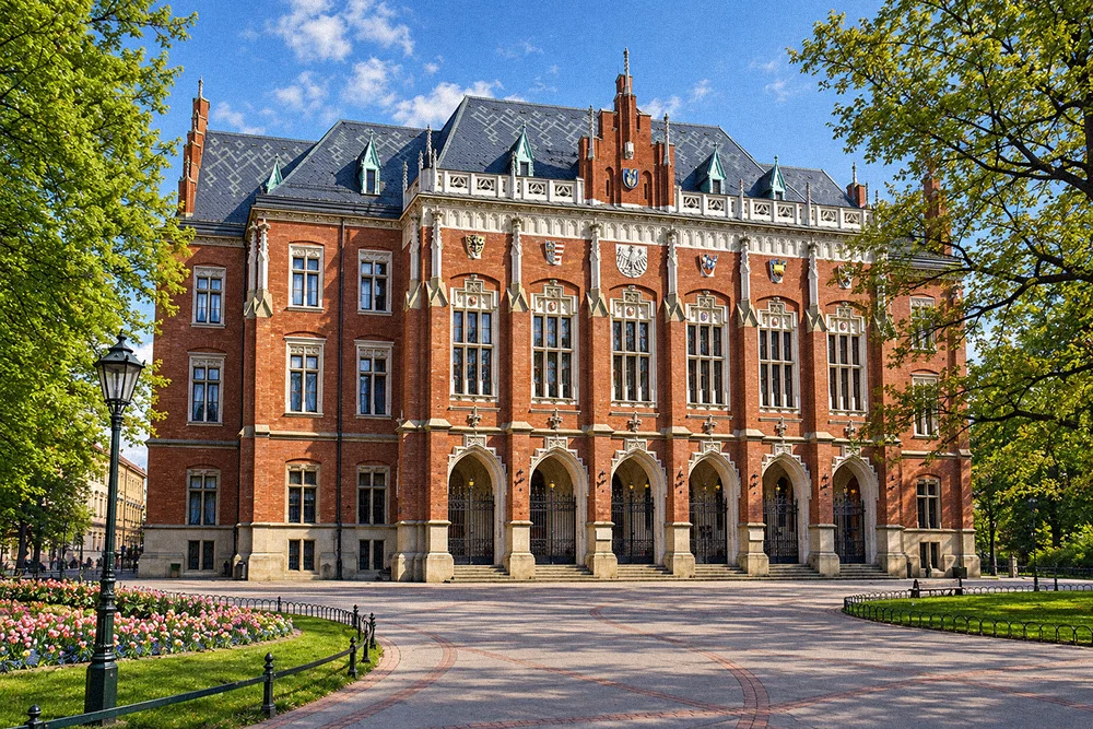 Red-brick Gothic Revival university building with arched entrances, framed by spring trees.