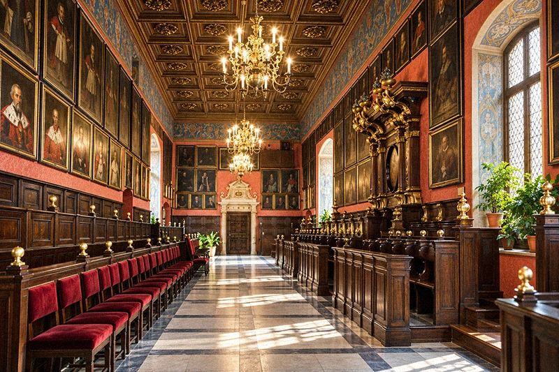 Historic university hall with portraits, chandeliers, carved wooden stalls, and red velvet seats.